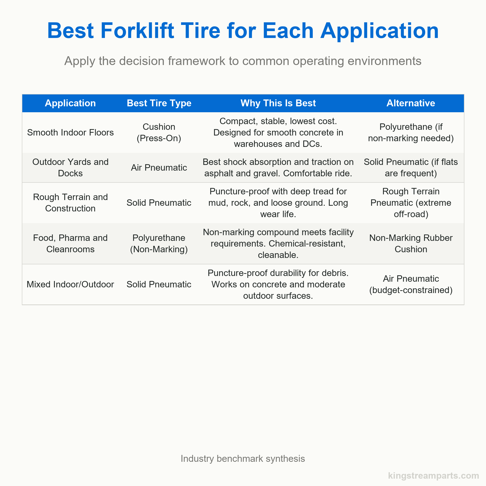 Recommendation table matching five common forklift operating environments to the best tire type with supporting rationale and an alternative option.
