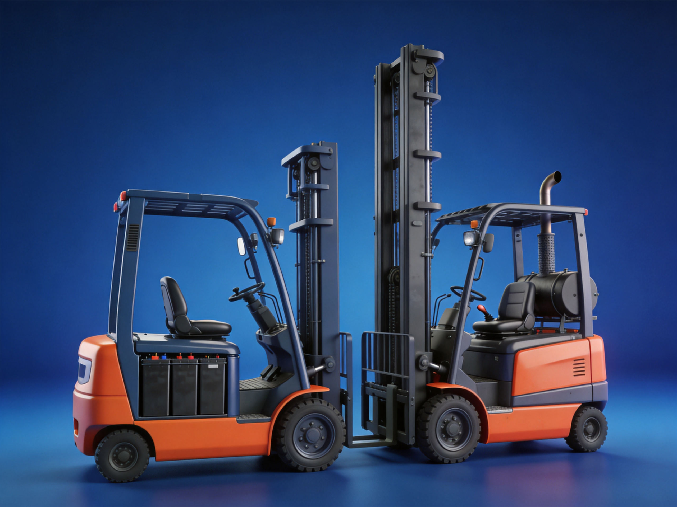Electric and internal-combustion forklifts side by side on royal-blue studio backdrop showing powertrain differences