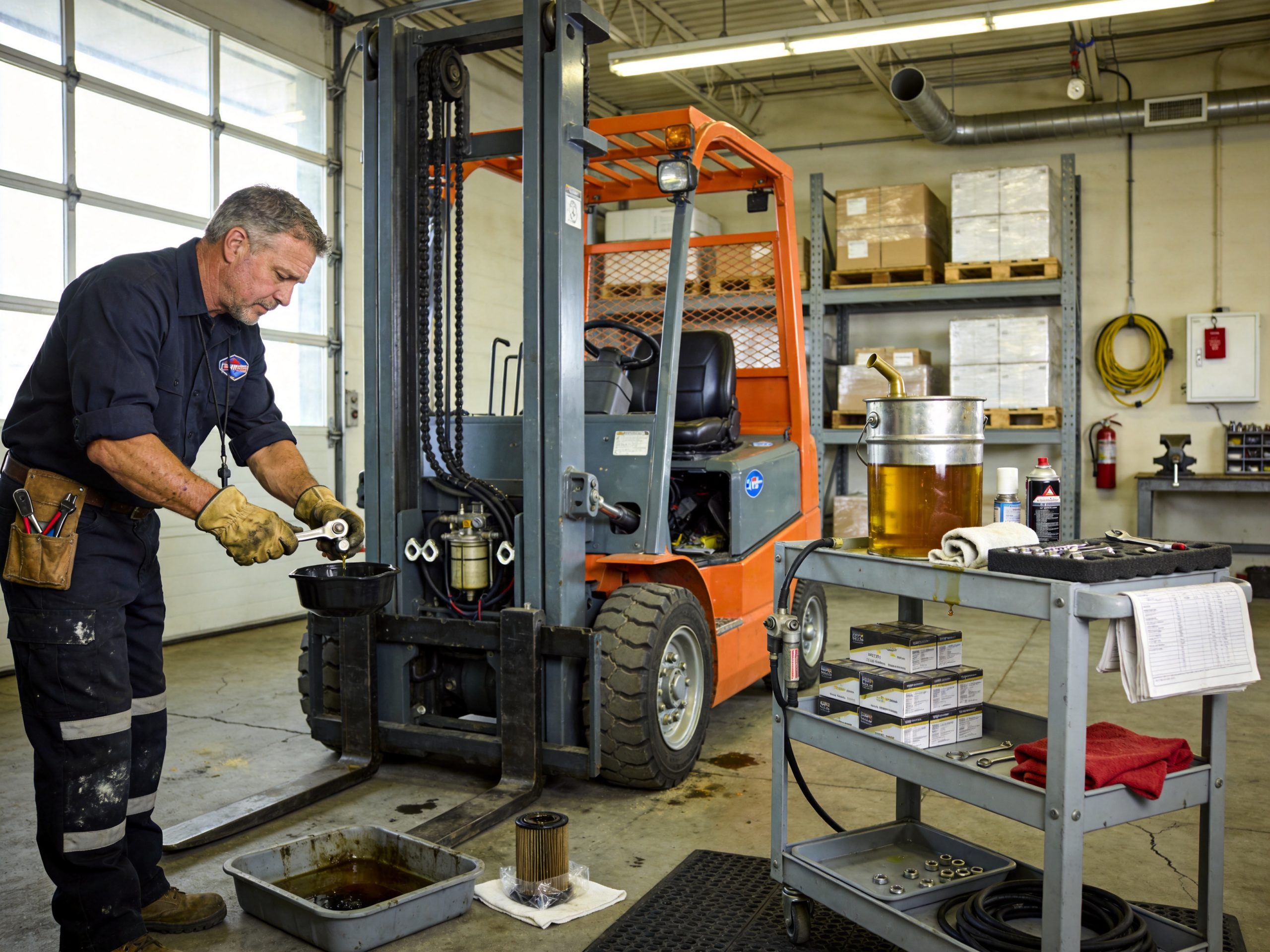 Forklift service technician opening engine compartment with socket wrench during 2,000-hour annual major service