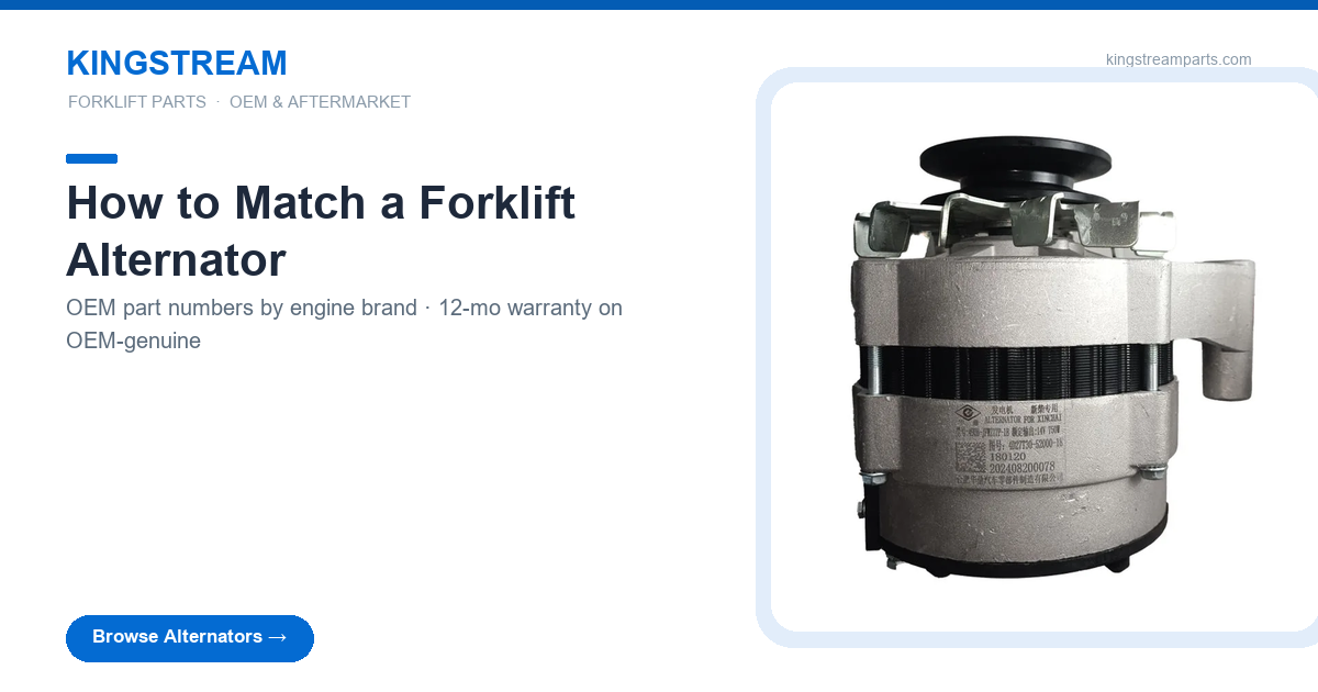 Forklift alternator JFWZ17P-1B 14V 750W on a workshop counter, guide to matching alternators by OEM part number and engine brand
