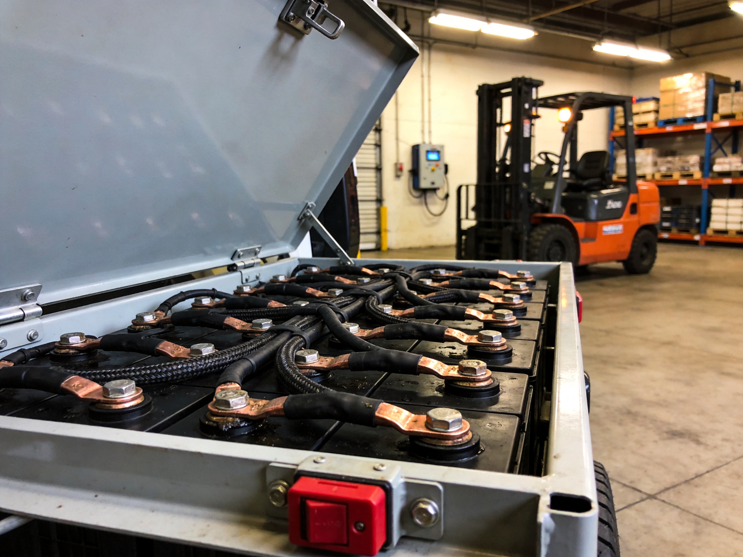 Open lead-acid forklift battery pack in its steel tray with inter-cell cables and main disconnect switch