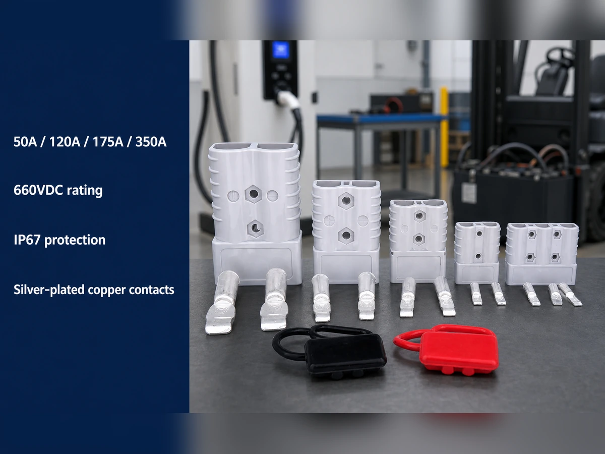Forklift battery charger connector options rated from 50A to 350A with IP67 protection