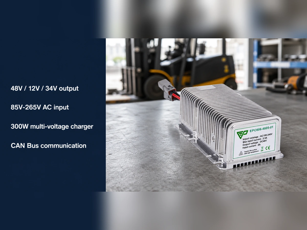EPC4805 forklift battery charger with multi-voltage output and AC input specifications