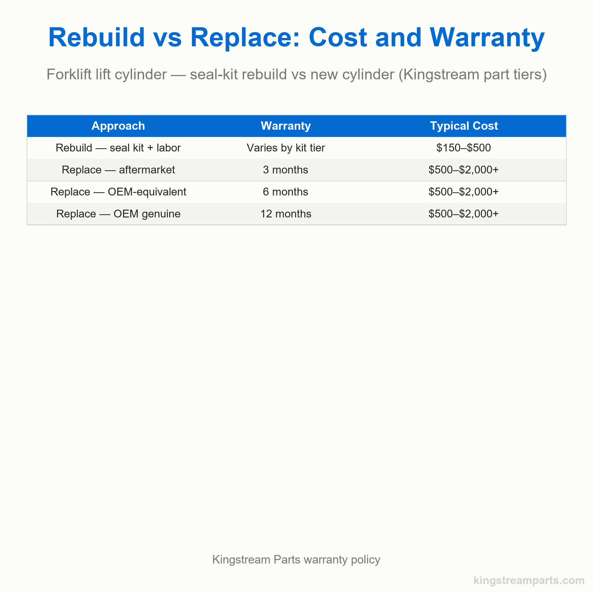 Table comparing forklift cylinder rebuild versus replacement cost and Kingstream warranty tiers