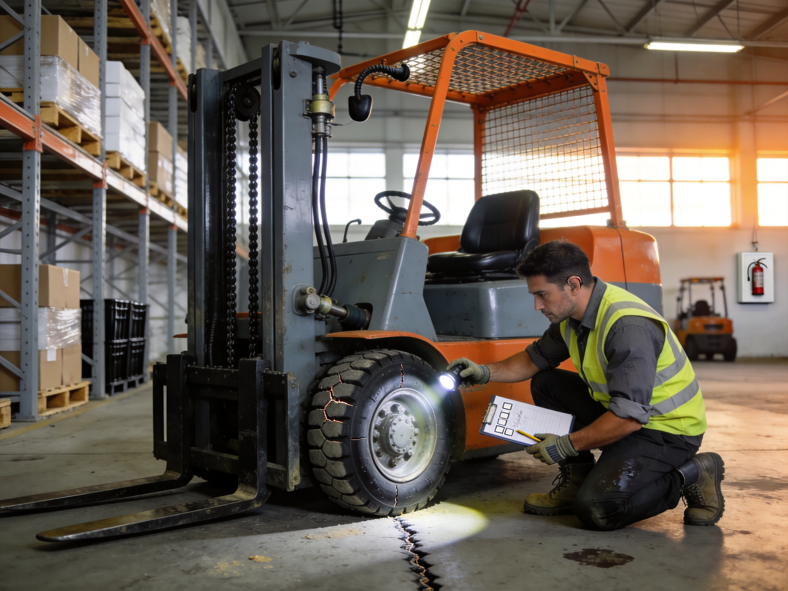 Forklift operator in safety vest kneeling to inspect front tire with flashlight during daily pre-shift inspection