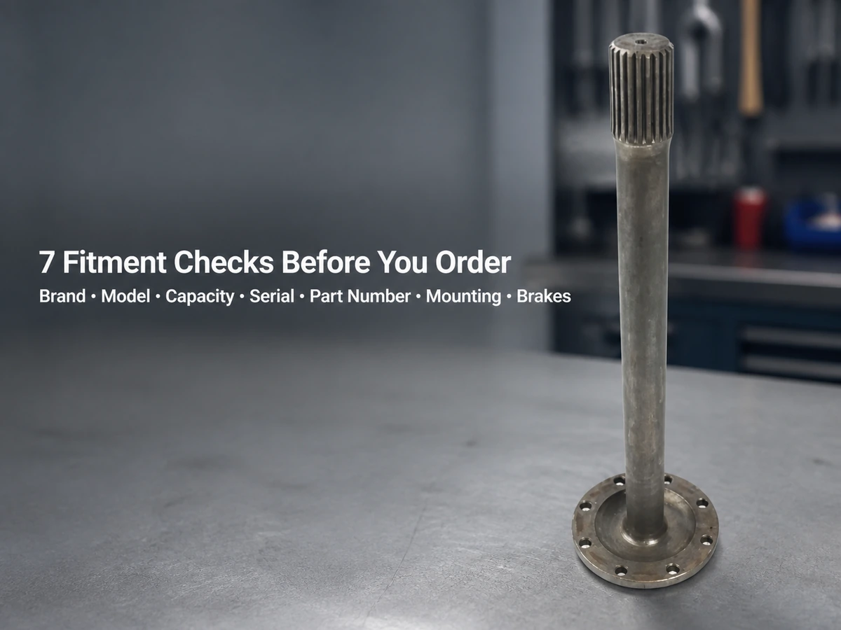 Forklift drive axle shaft beside seven fitment checks