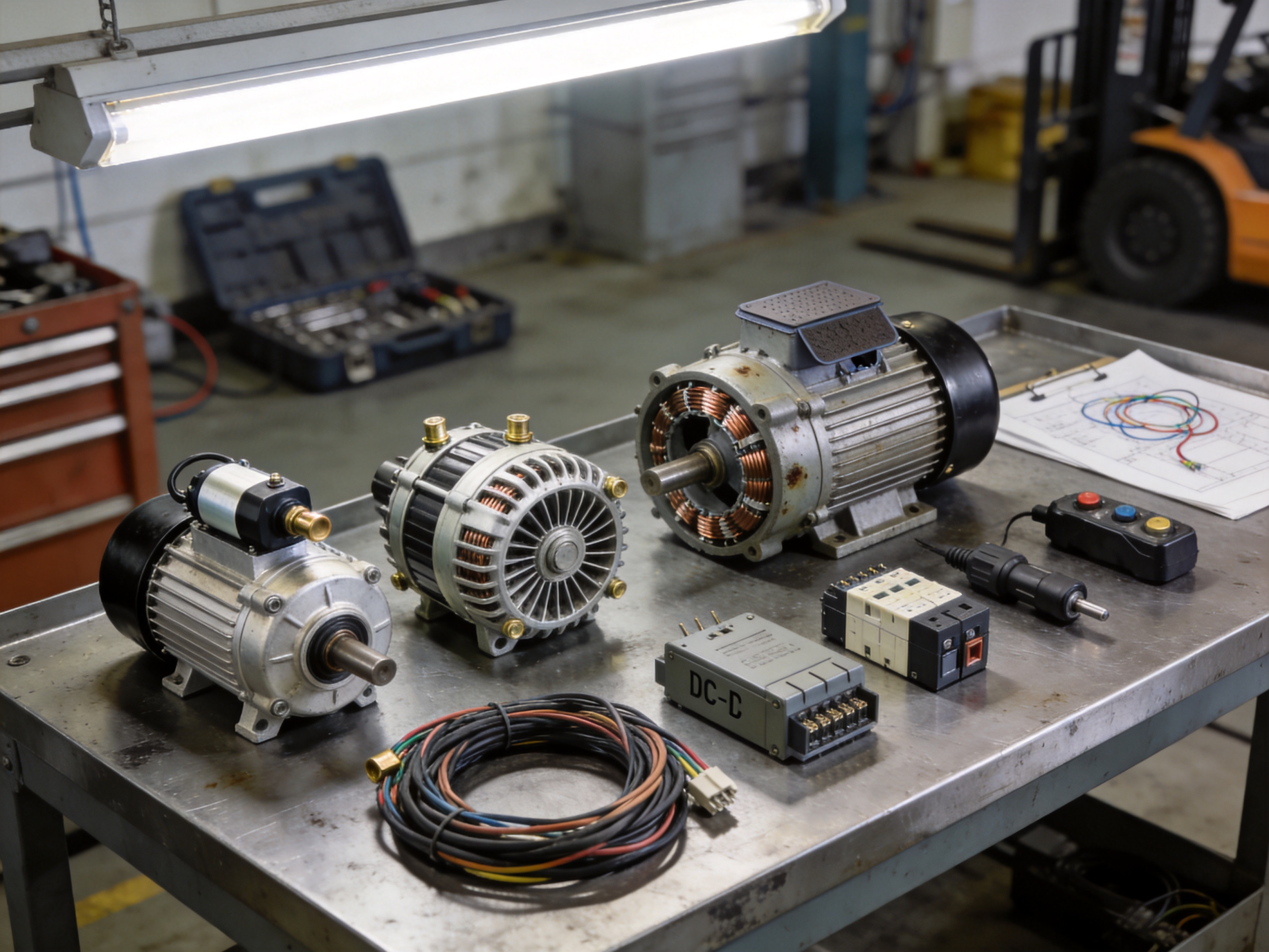 Arranged electric forklift parts on a workbench: starter motor, alternator, traction motor, contactor, and relays