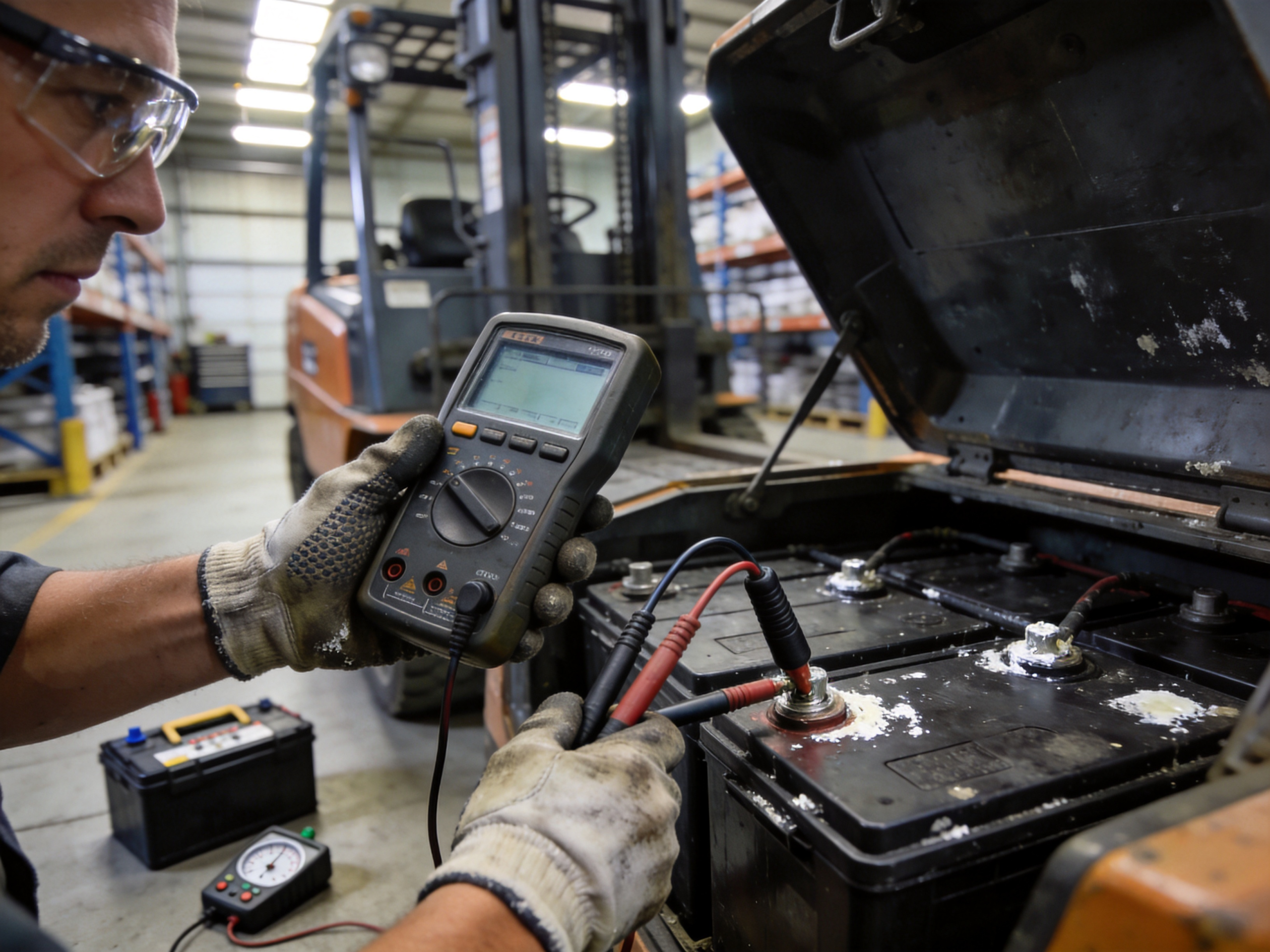 Technician testing forklift battery terminal voltage with a digital multimeter in a warehouse bay