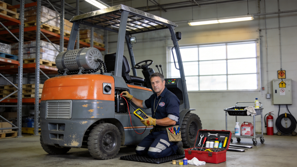 Forklift technician servicing an electric forklift in a warehouse maintenance bay with an open red toolbox beside him