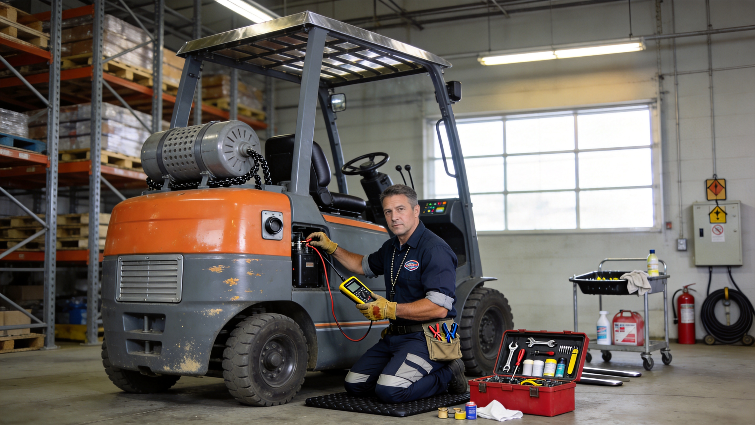 Forklift technician servicing an electric forklift in a warehouse maintenance bay with an open red toolbox beside him