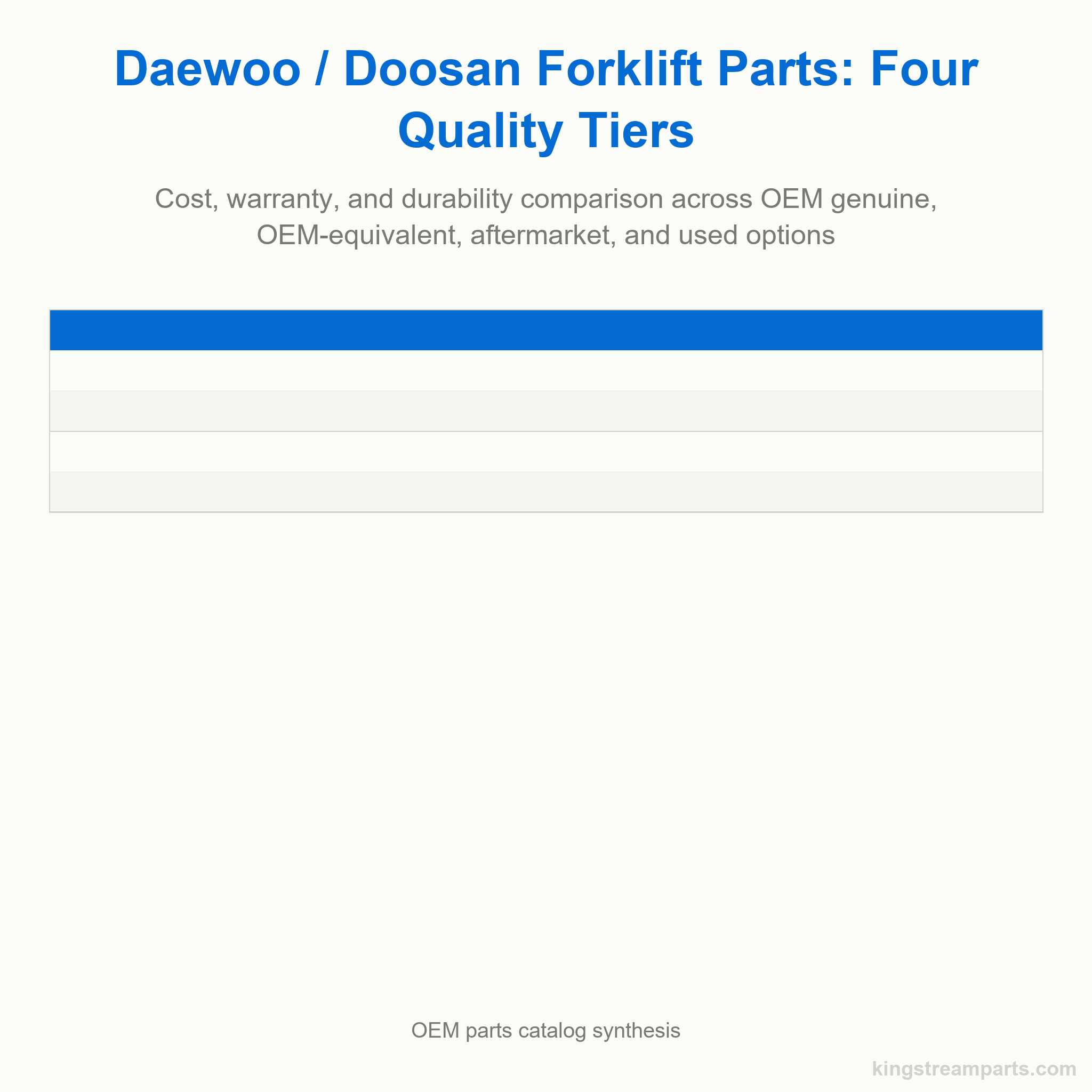 Comparison table showing four quality tiers for Daewoo and Doosan forklift parts: OEM genuine 12-month warranty, OEM-equivalent 6-month, aftermarket 3-month, and used as-is, with cost and best-use recommendations