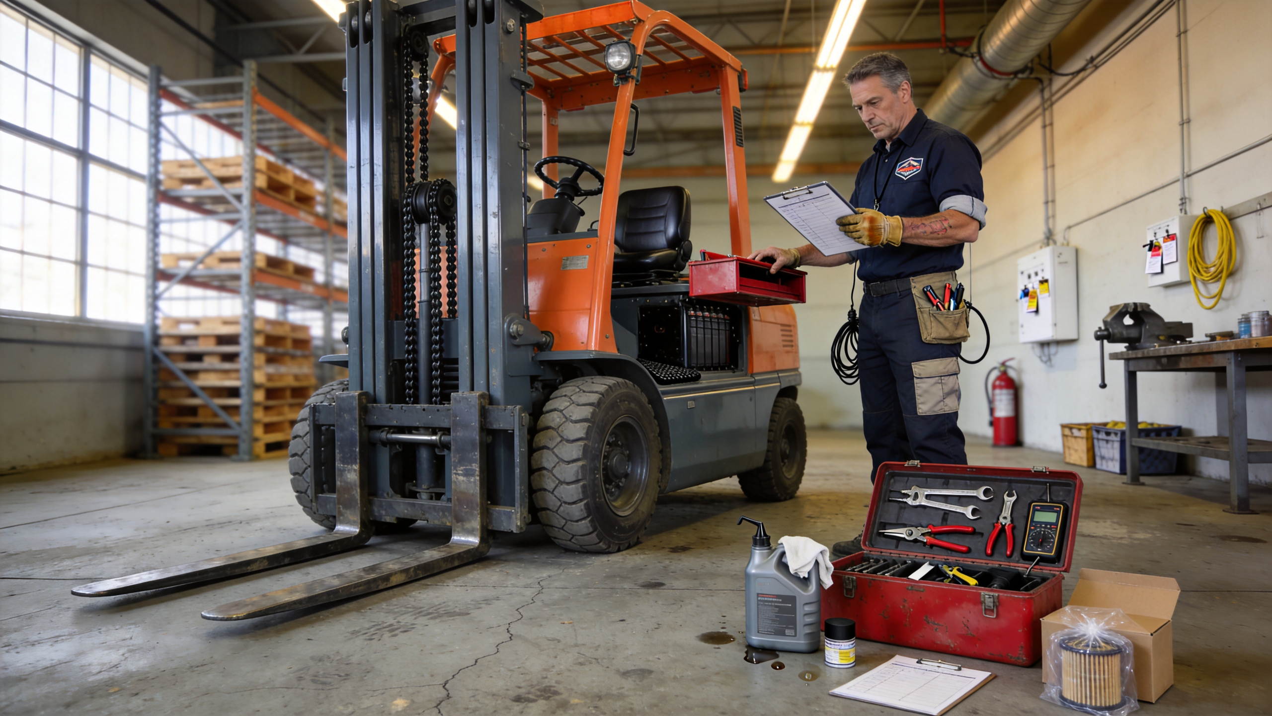 Maintenance technician with a red toolbox and oil can reviewing a checklist beside an electric forklift in a warehouse service bay