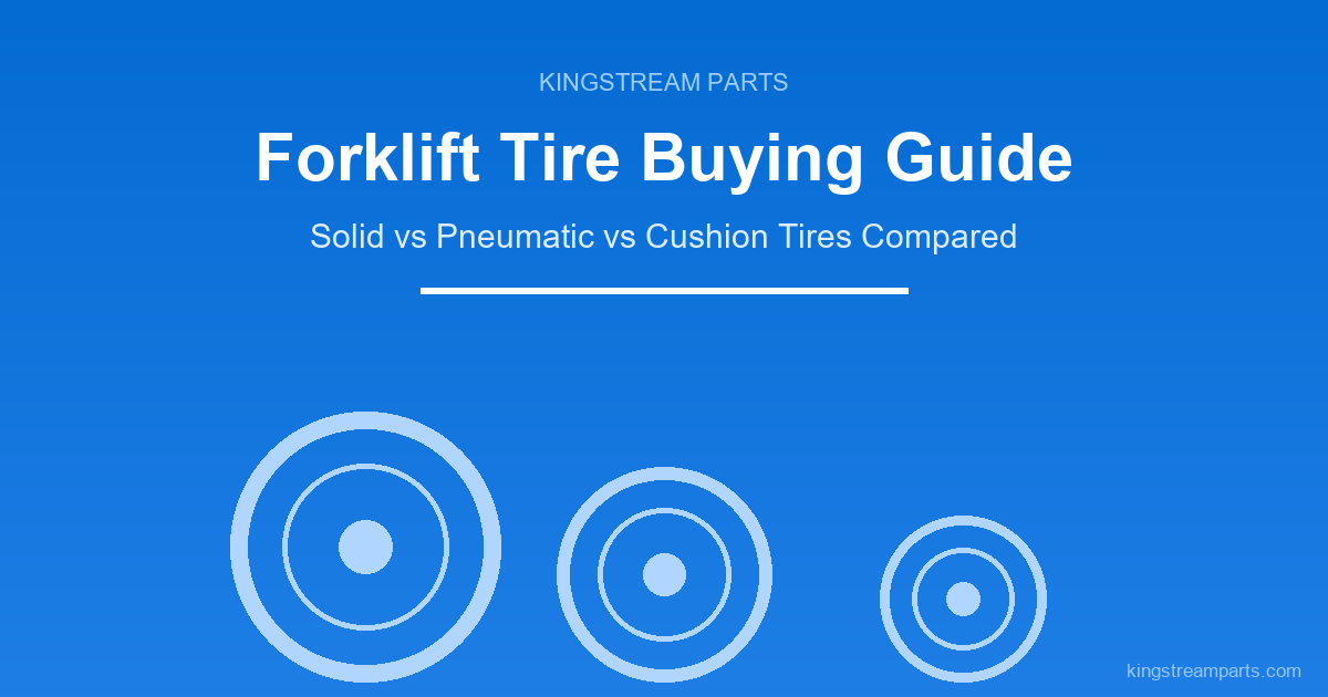 Forklift Tire Buying Guide cover — solid, pneumatic and cushion forklift tire comparison on a royal blue brand background