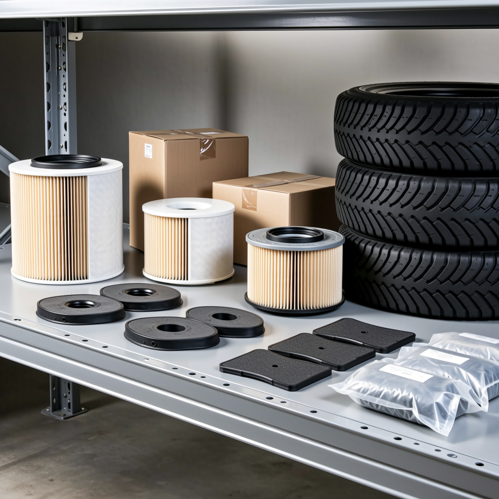 Aftermarket forklift parts such as filters and brake pads stocked on a warehouse shelf