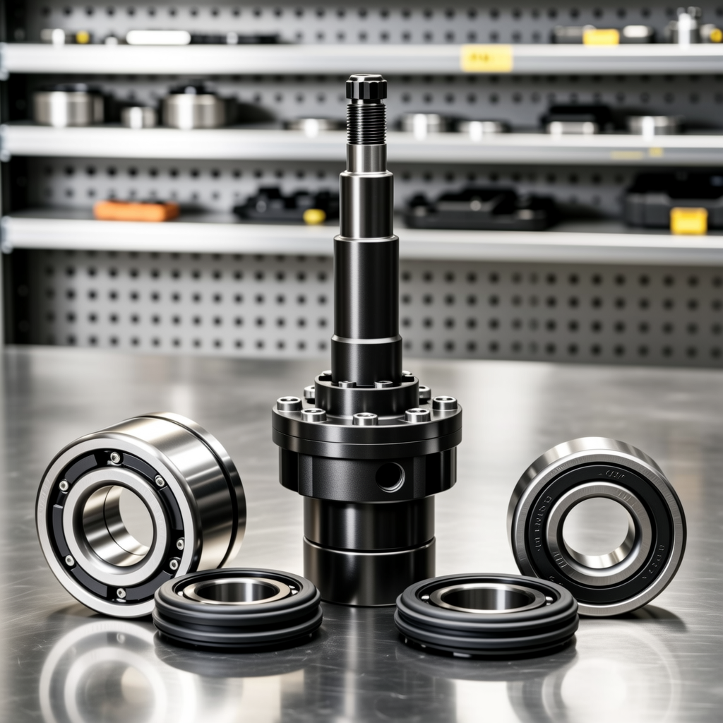 Genuine OEM forklift spare parts arranged on a workshop workbench
