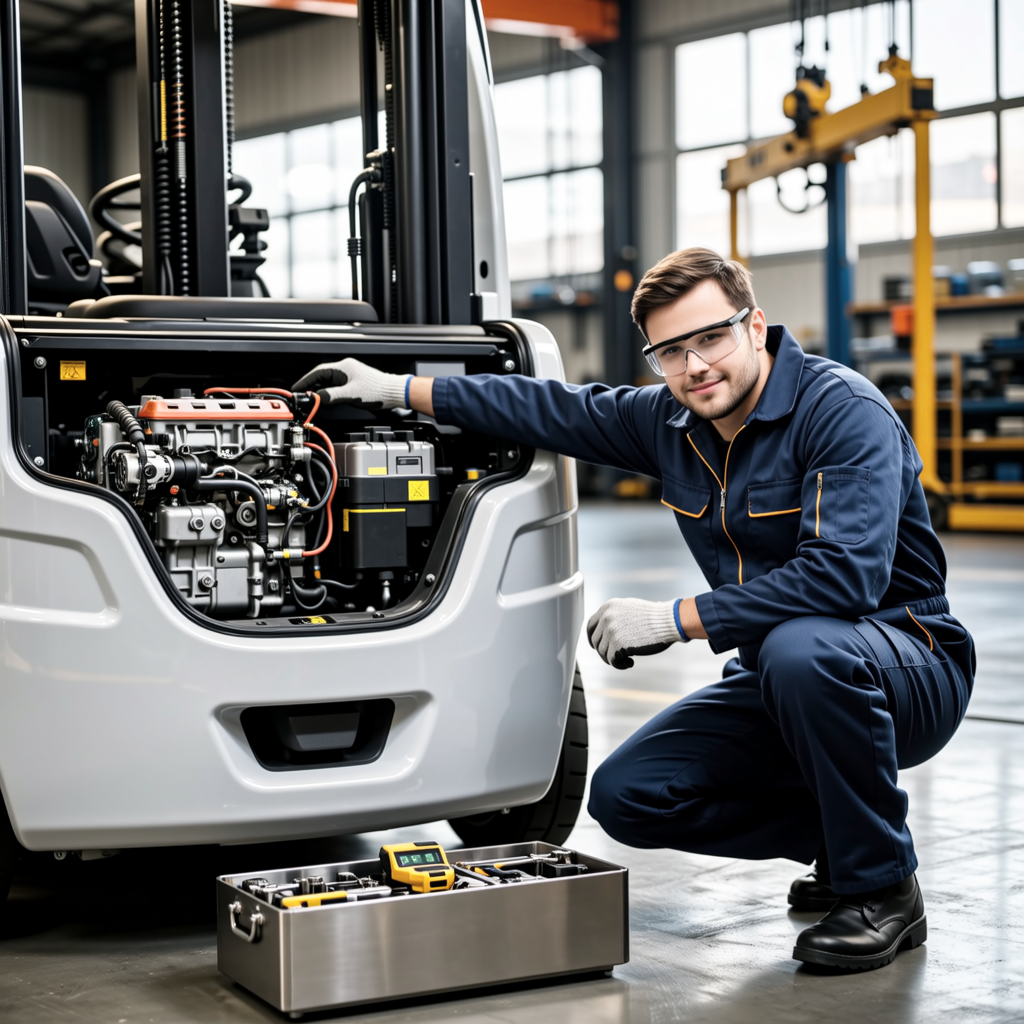 Forklift mechanic inspecting the engine compartment of an electric forklift in a service workshop