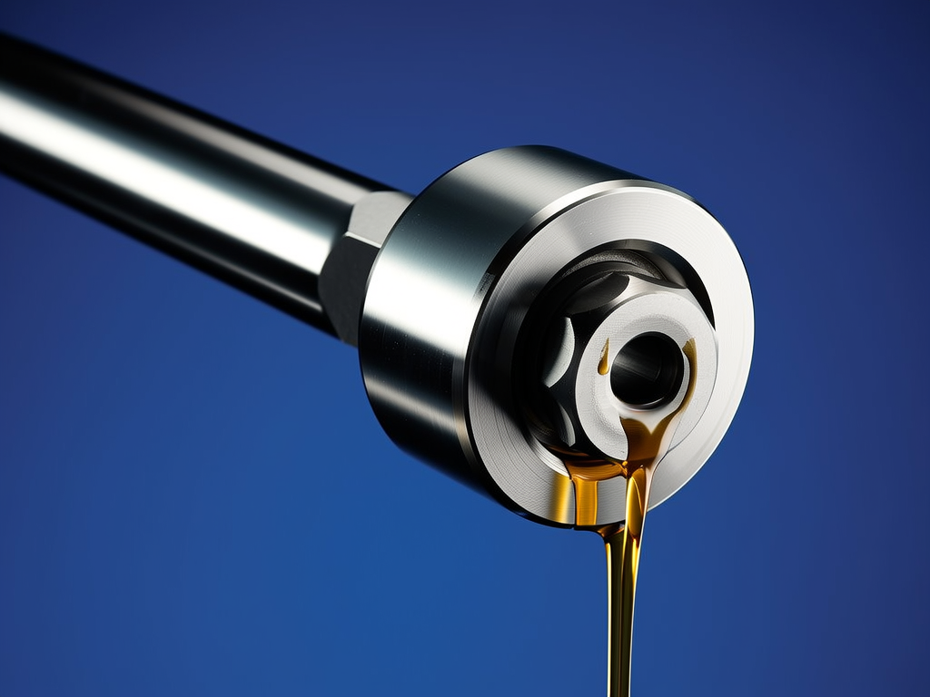 Close-up of a forklift lift cylinder chrome rod with hydraulic oil weeping from the rod-gland seal