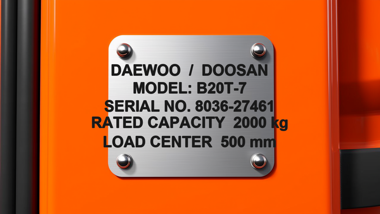 Metal forklift data plate showing model and serial number, the starting point for every Daewoo and Doosan parts lookup