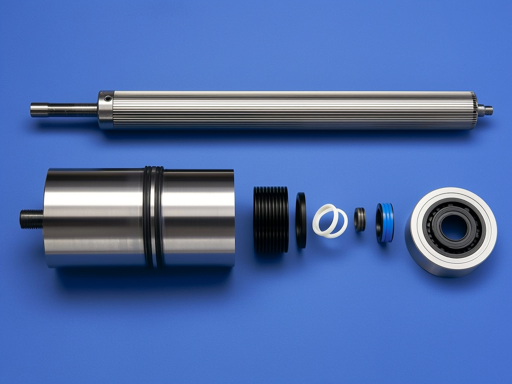 Disassembled forklift hydraulic cylinder with chrome piston rod, steel barrel and seal kit on blue backdrop