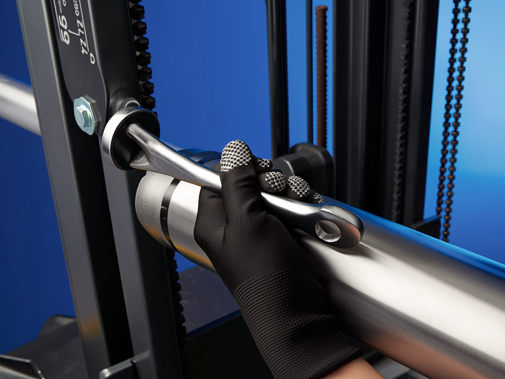 Technician's gloved hands unpinning a mast lift cylinder from a forklift carriage during removal
