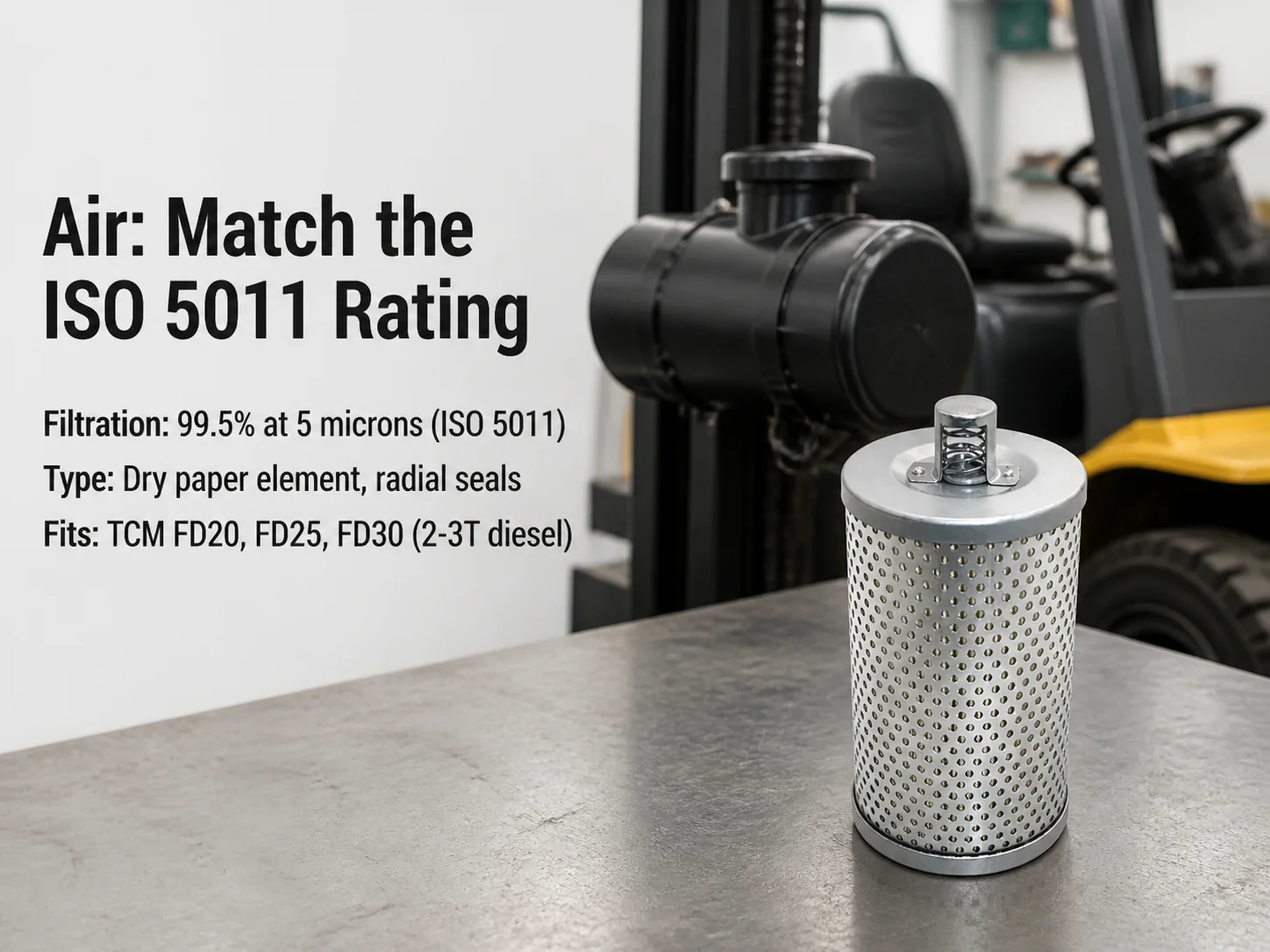 Silver perforated air filter element 214A7-52081 on a forklift maintenance bench, with ISO 5011 and TCM fitment details shown beside it.