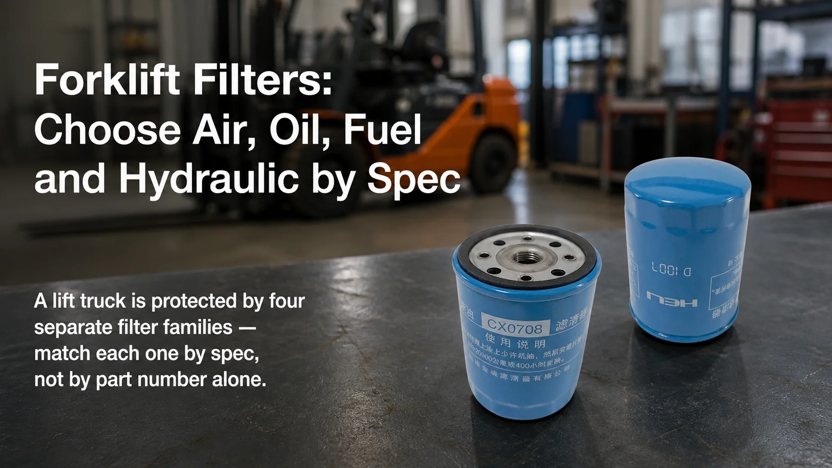 Forklift filter guide hero showing two blue CX0708 fuel filter canisters on a maintenance bench beside a service forklift.