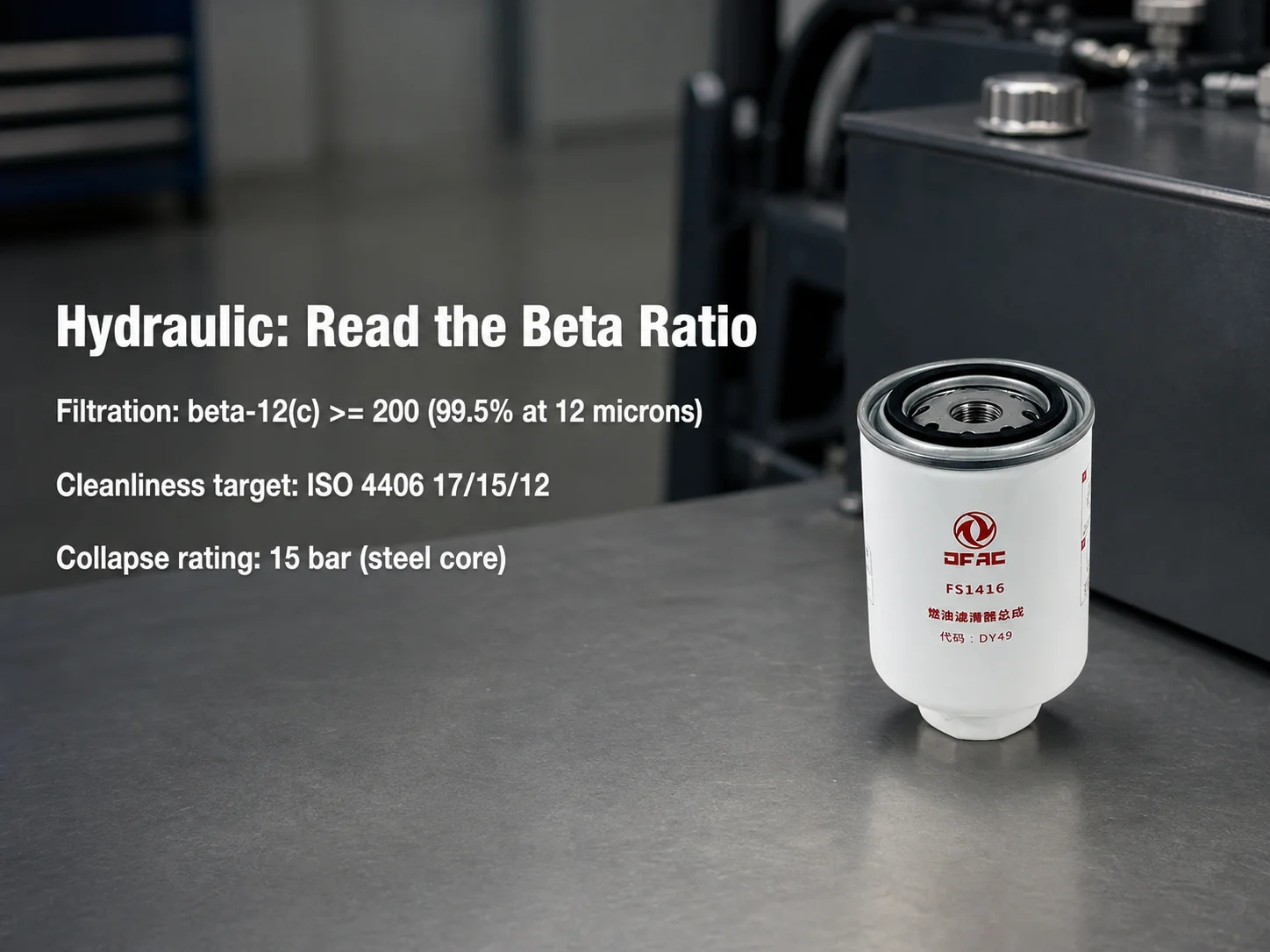 White FS1416 hydraulic return-line filter canister on a service bench, with beta ratio, ISO 4406 and collapse-rating checks.