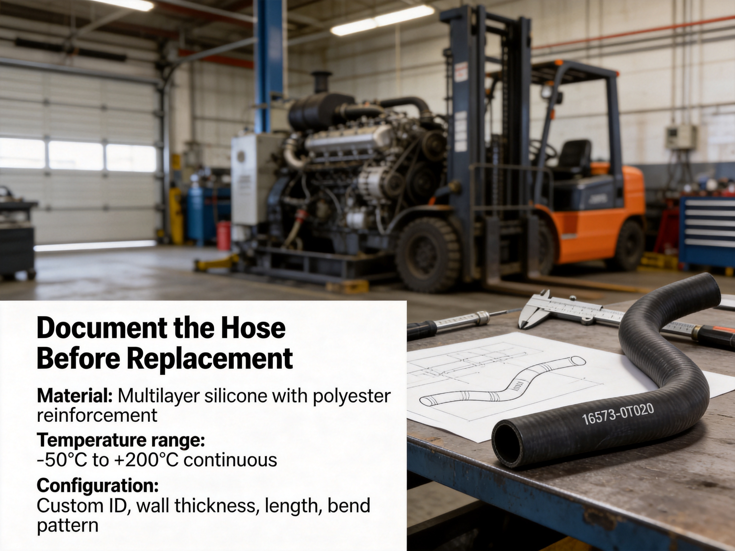 Custom silicone coolant hose on a forklift maintenance bench for replacement planning