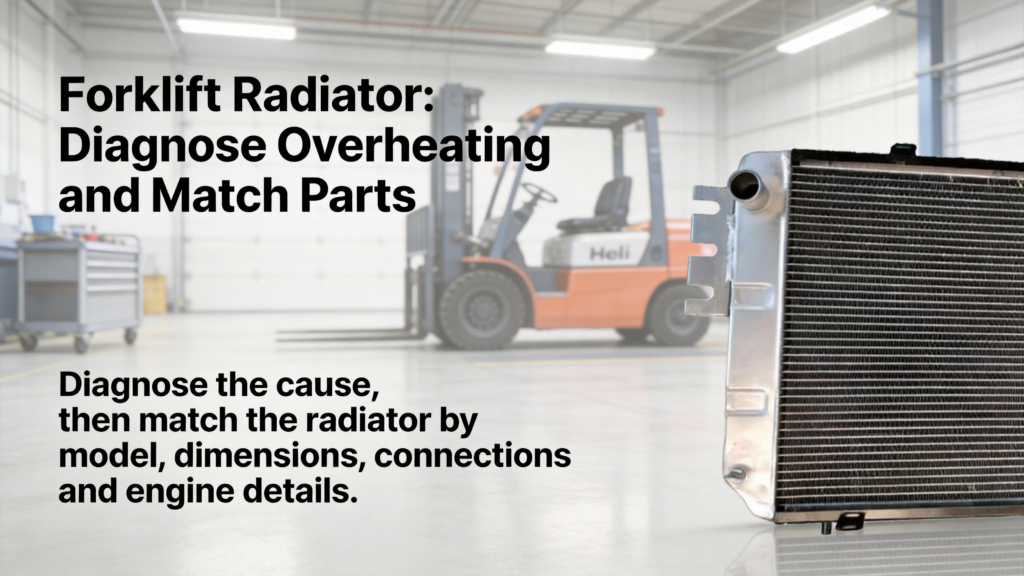 Forklift radiator in a maintenance bay for overheating diagnosis and parts matching