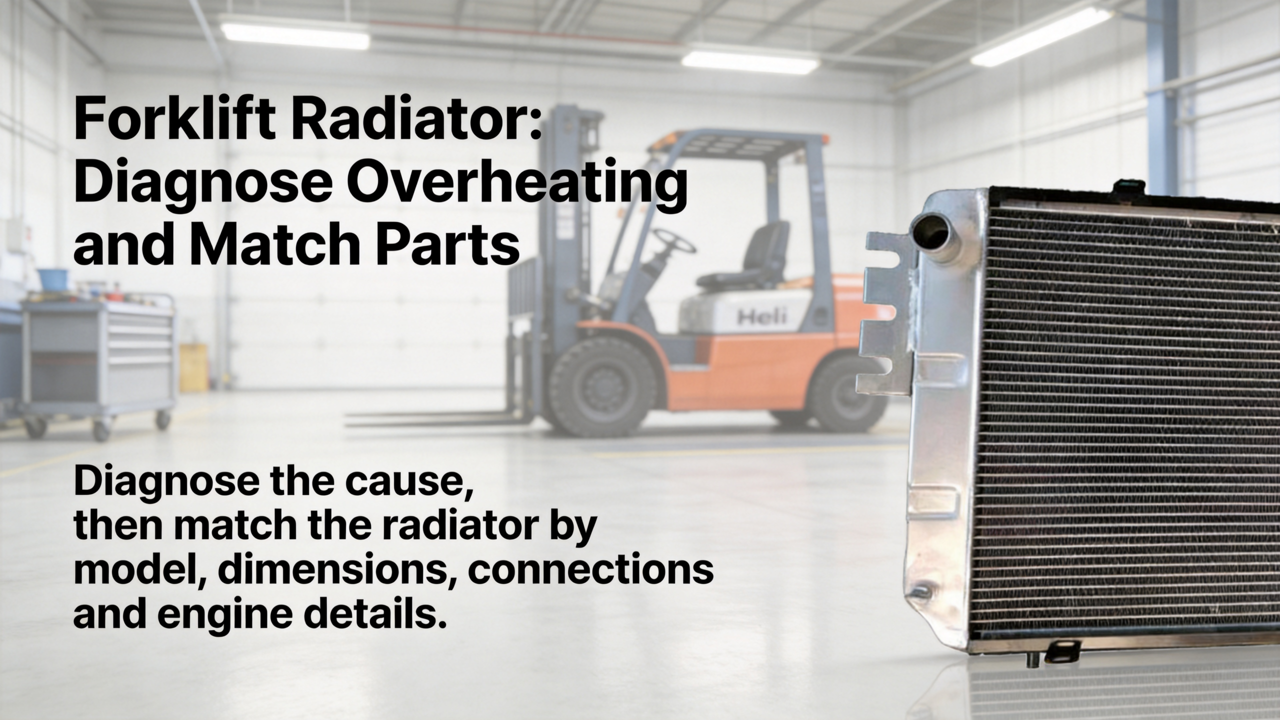 Forklift radiator in a maintenance bay for overheating diagnosis and parts matching
