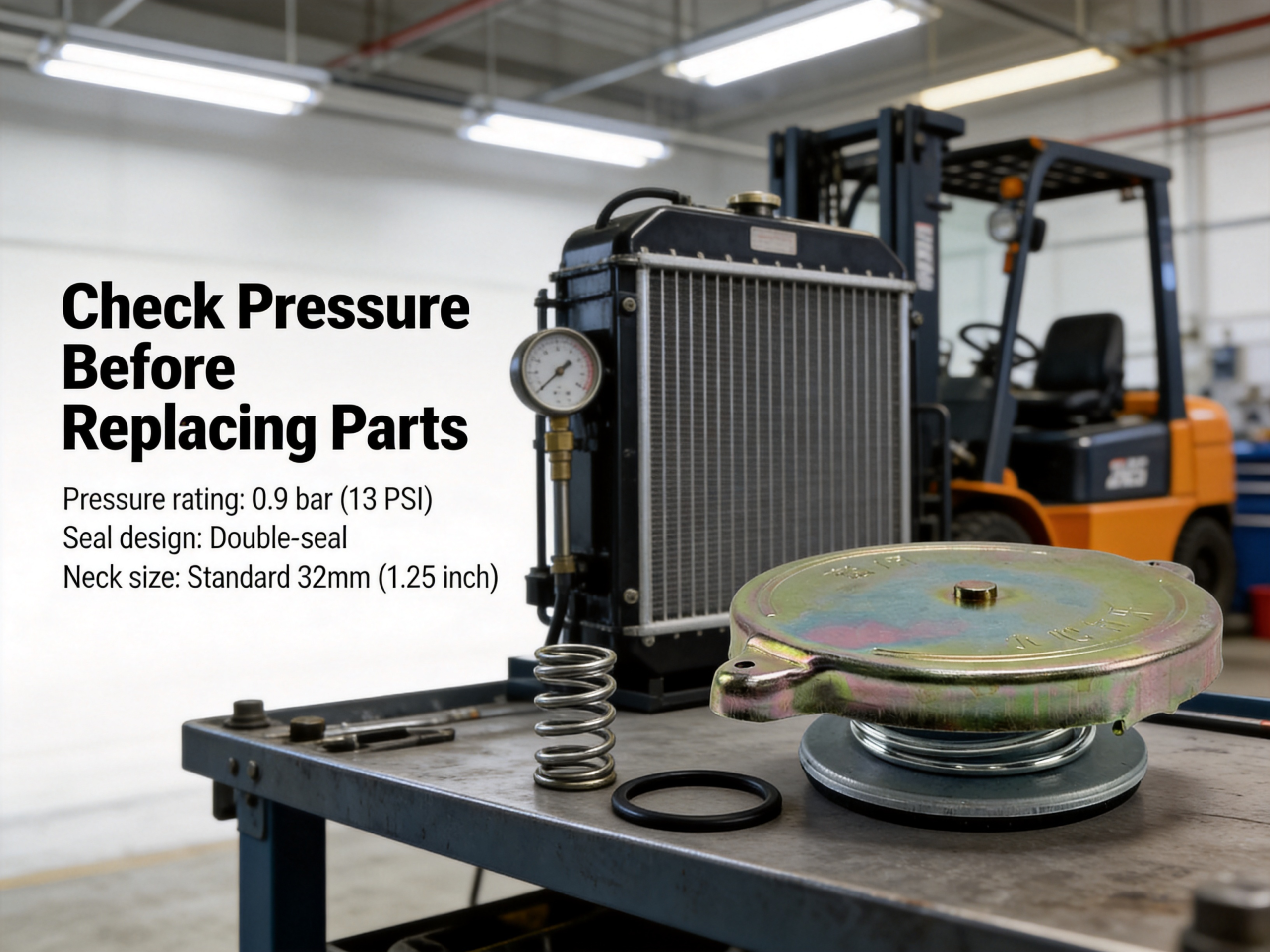 0.9 bar forklift coolant pressure cap beside a service-bench inspection setup