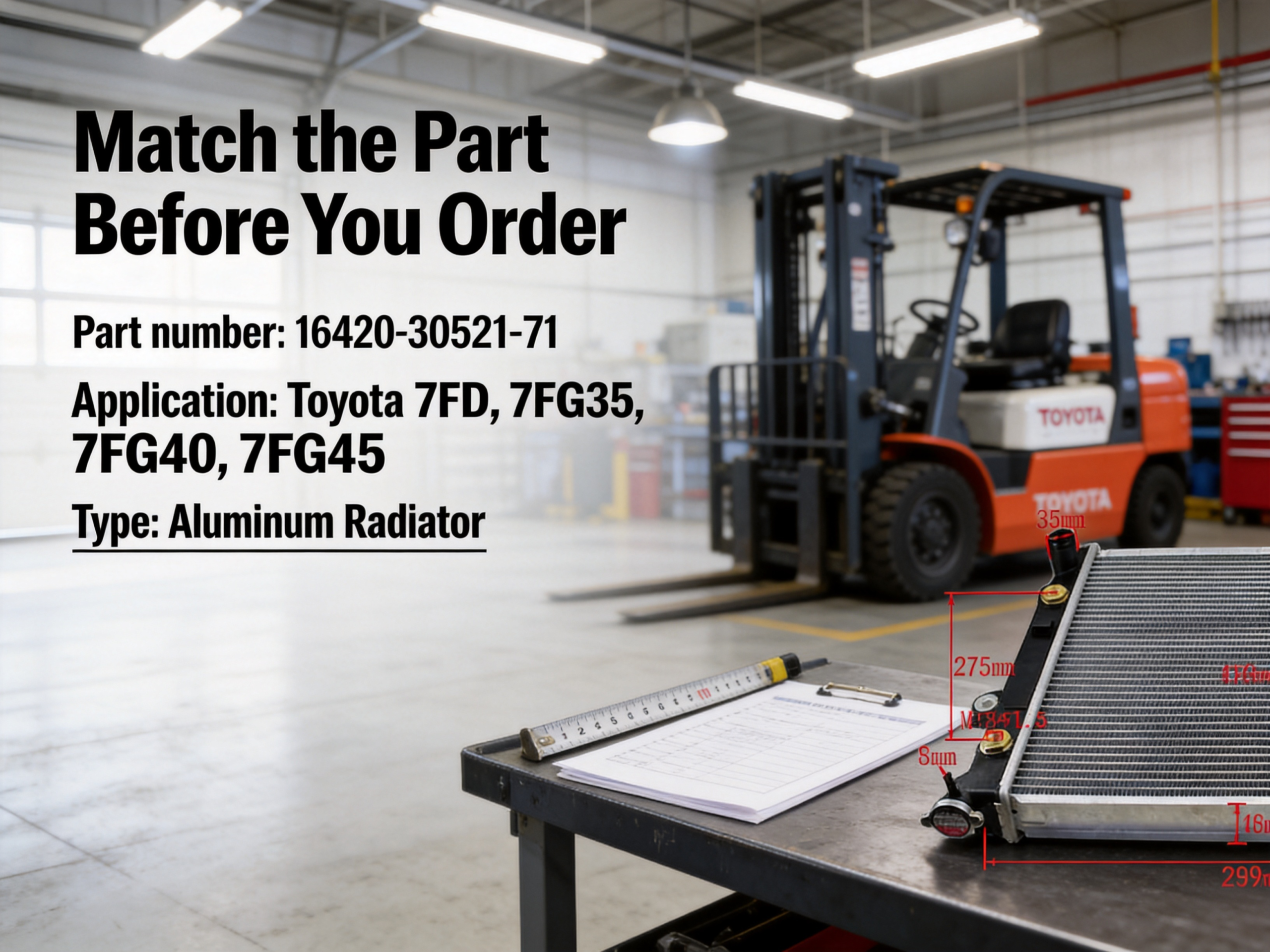 Toyota forklift radiator reference with part number and fitment details for replacement matching