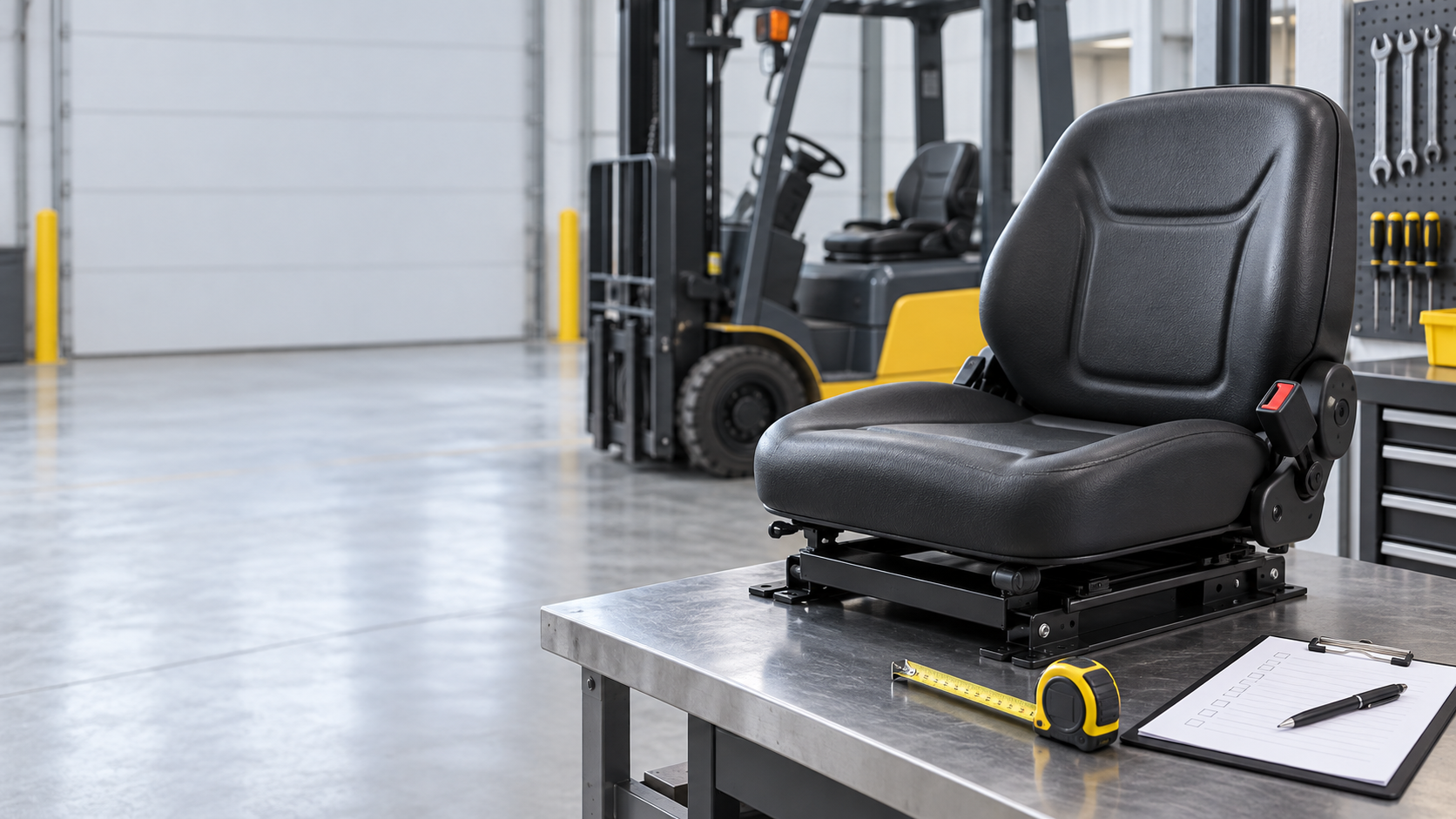 Forklift seat fitment concept showing a replacement seat and mounting base before ordering