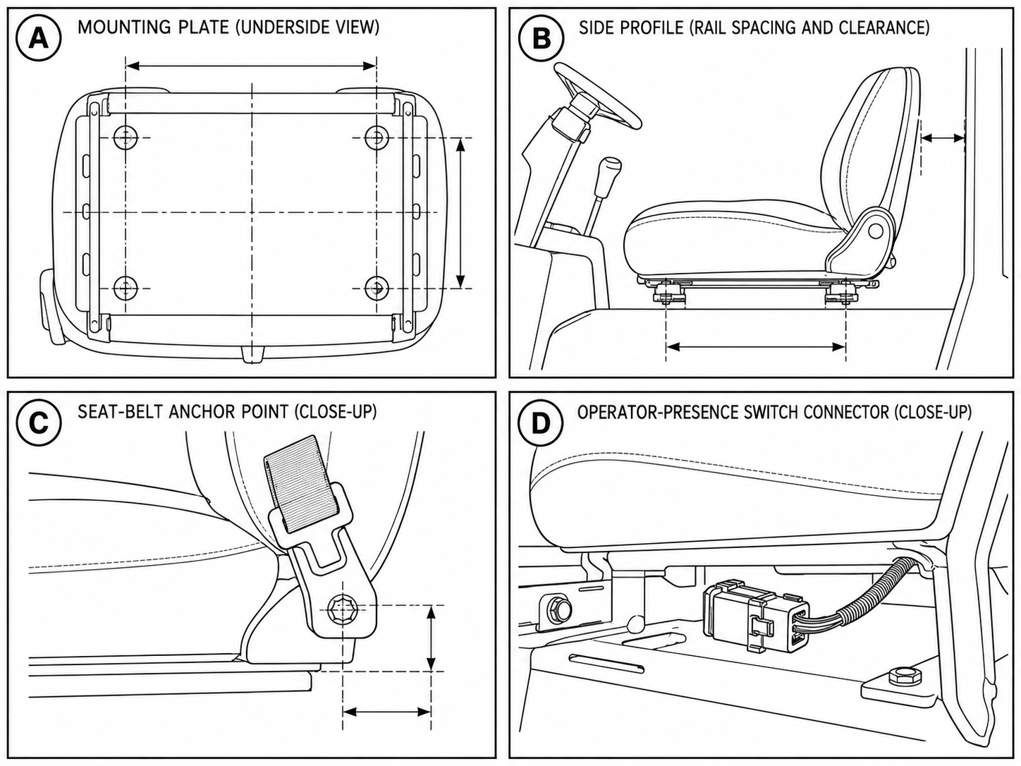 Black-and-white forklift seat installation diagram showing mounting holes, rails, belt anchor, connector, and clearance checks