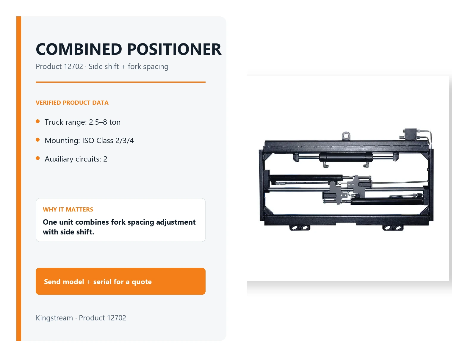 Forklift side shifting positioner with integrated fork spacing and lateral movement functions