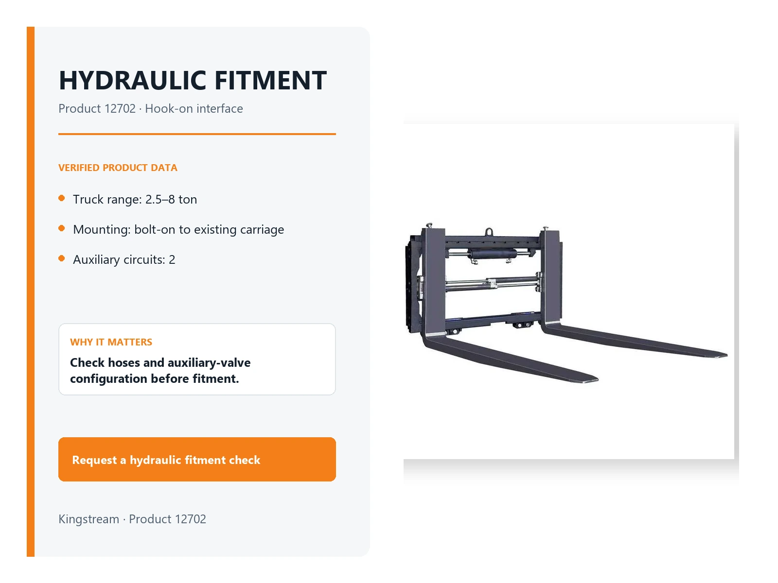 Forklift side shift positioner with forks and hook-on mounting points for fitment review
