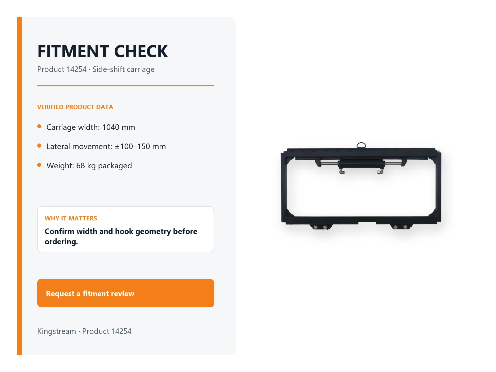Forklift side shifter carriage frame showing the mounting interface to verify before ordering