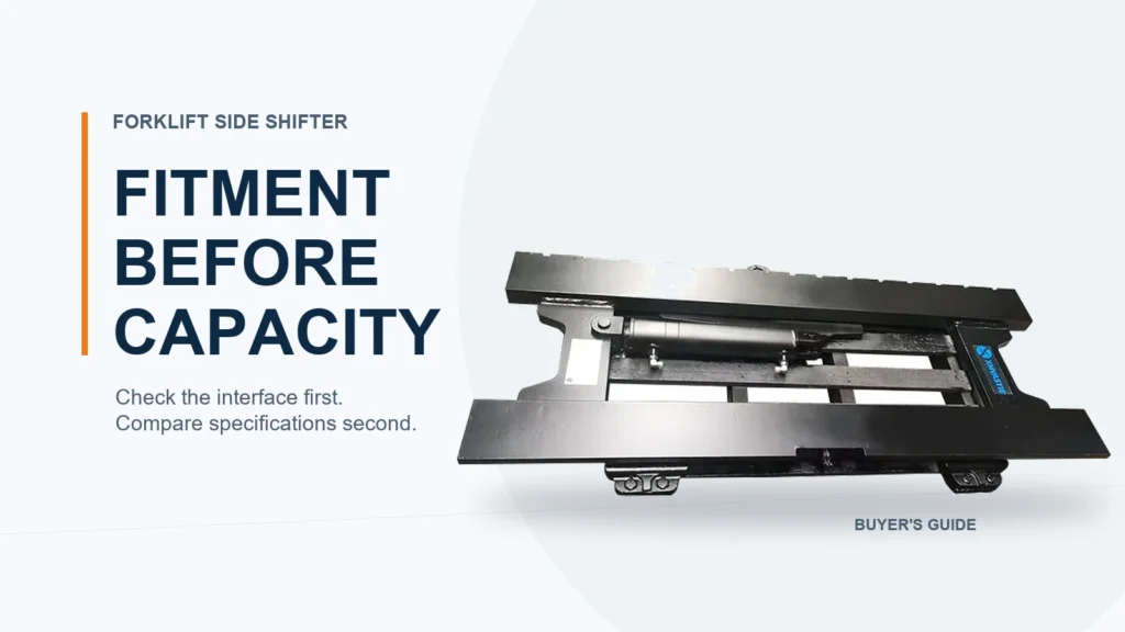Editorial cover showing a forklift side shifter and the principle of checking fitment before capacity