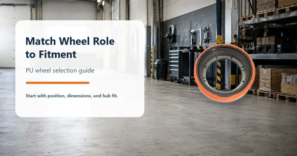 Forklift polyurethane wheel in a workshop for a PU wheel fitment guide