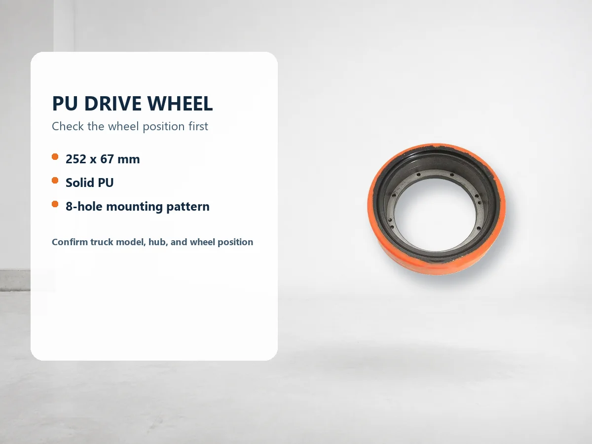 252 x 67 mm solid PU forklift drive wheel with 8-hole mounting pattern