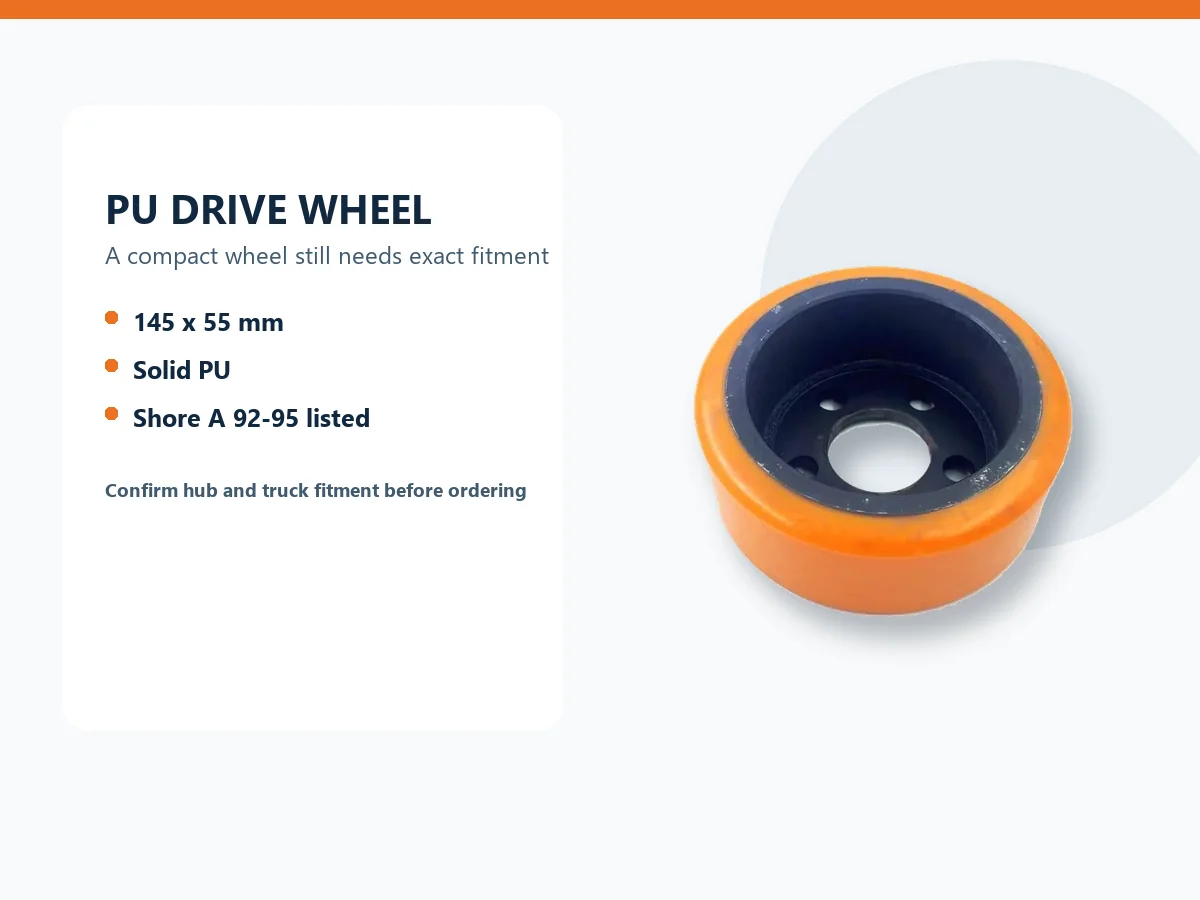 145 x 55 mm solid PU forklift drive wheel with Shore A 92-95 listed