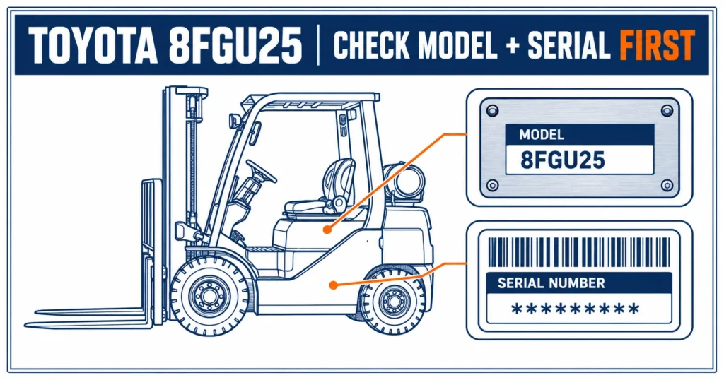 Blue and white technical infographic showing Toyota 8FGU25 identity checks before selecting a forklift replacement part