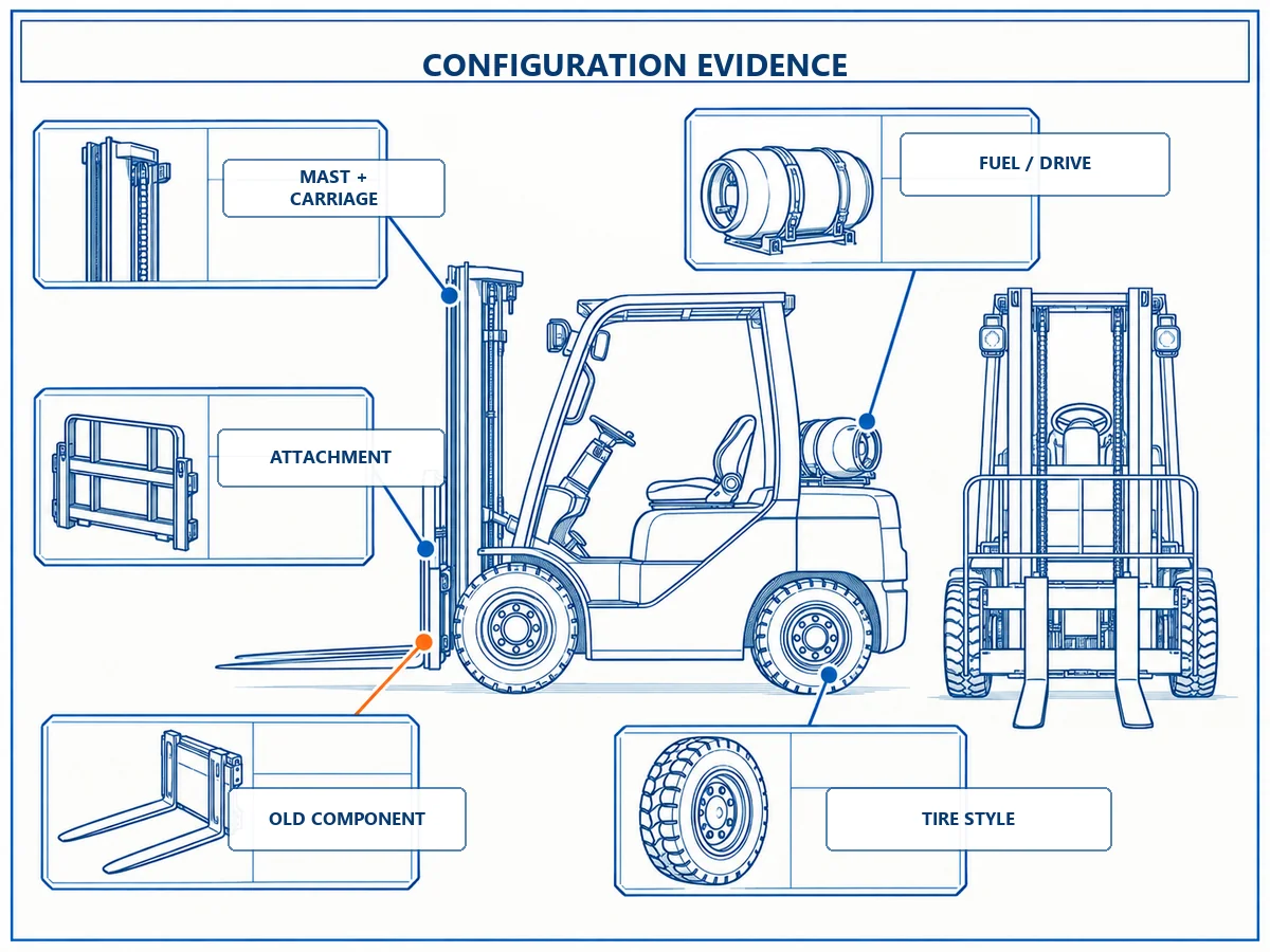 Blue and white diagram of Toyota 8FGU30 mast, attachment, fuel, tire, and old-part configuration evidence