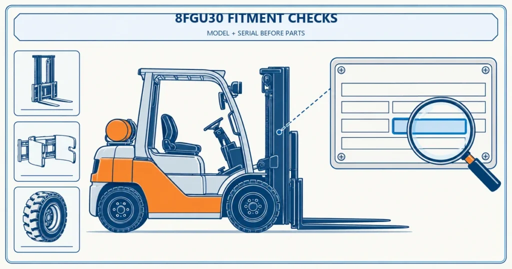 Blue and white technical infographic showing Toyota 8FGU30 model and serial checks before parts fitment