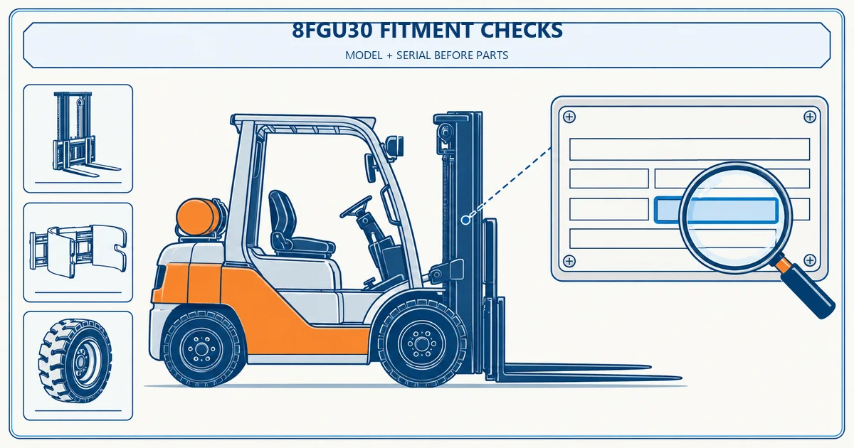 Blue and white technical infographic showing Toyota 8FGU30 model and serial checks before parts fitment