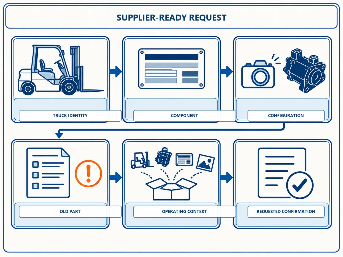 Blue and white process flow for a supplier-ready Toyota 8FGU30 parts request