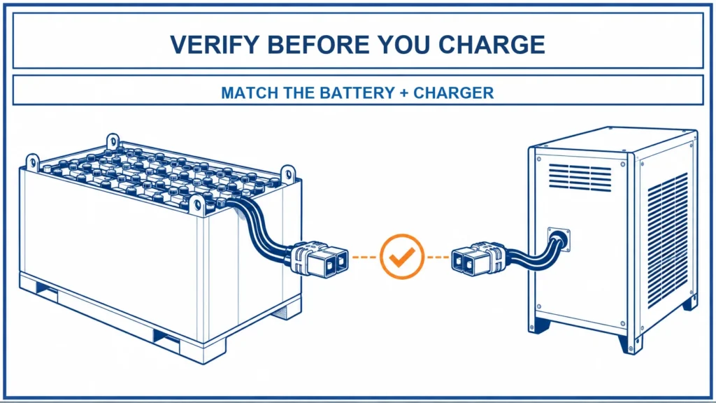 Toyota forklift battery charging infographic with a generic traction battery and charger linked by a check-before-connecting symbol.