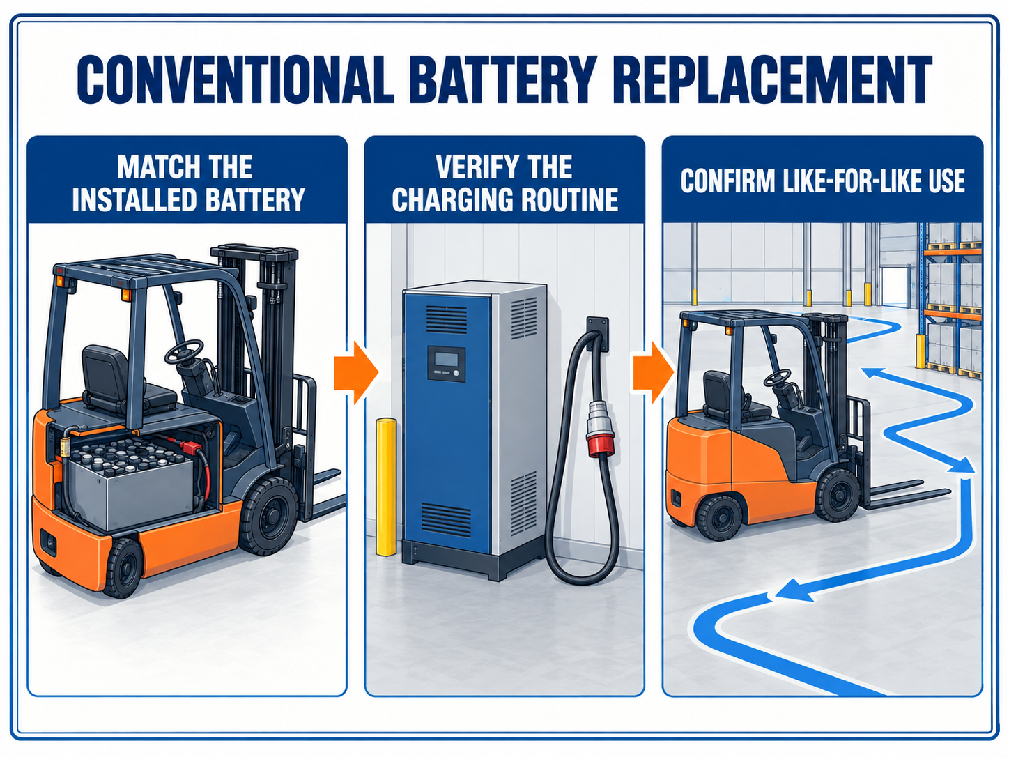 Conventional Toyota forklift battery replacement process from installed battery to charging routine