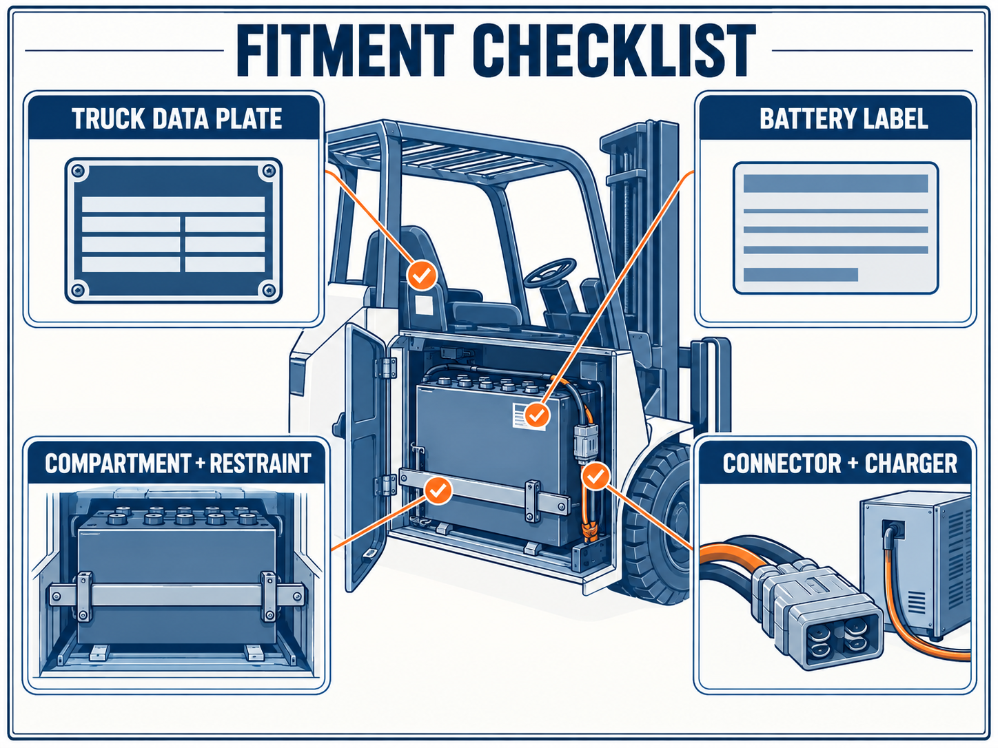 Toyota forklift battery fitment checklist diagram with truck, battery, compartment, connector and charger checks