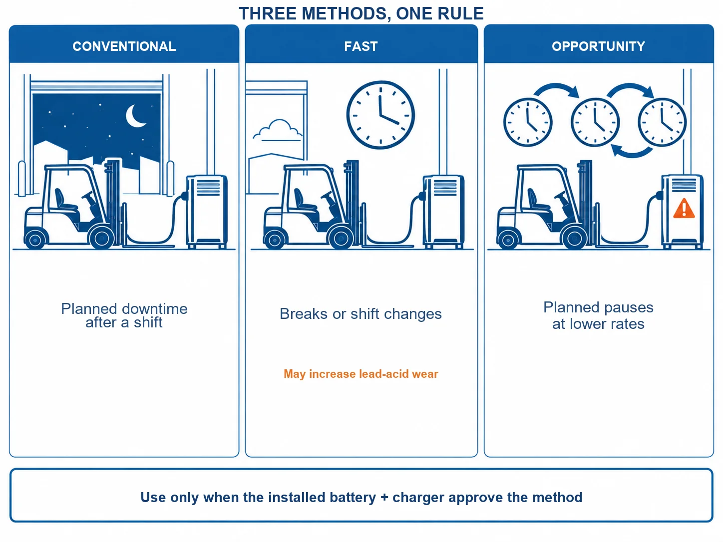 Toyota forklift battery charging infographic compares conventional, fast, and opportunity charging patterns and cautions about battery-specific approval.